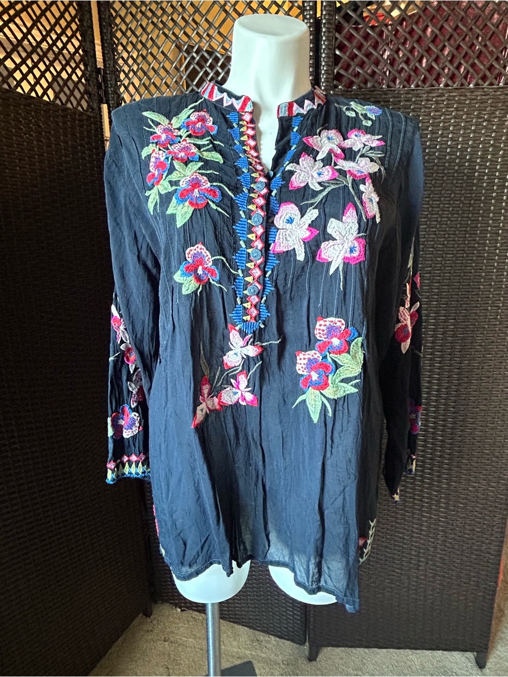 Johnny Was Navy Embroidered Floral Tunic with Multicolor Accents